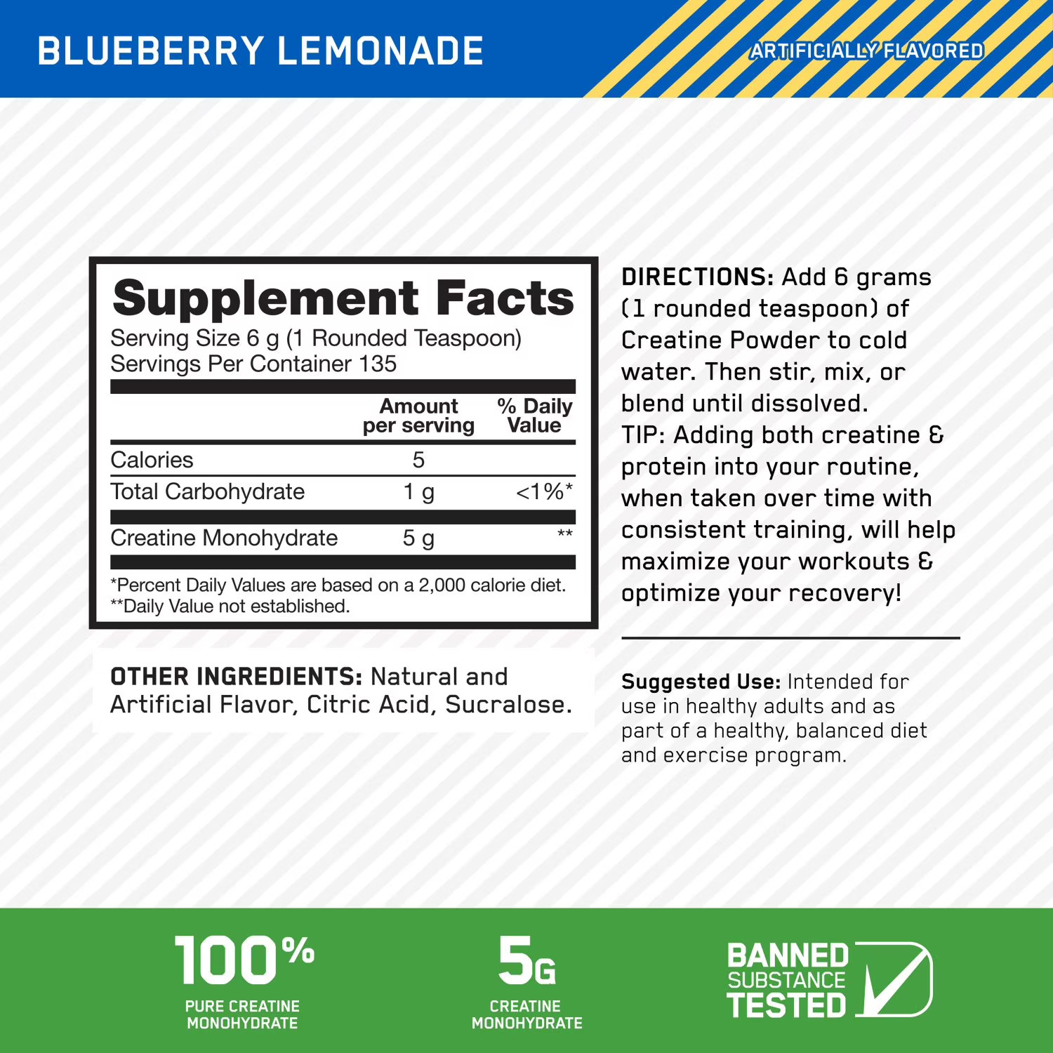 Optimum Nutrition, Micronized Creatine, Blueberry Lemonade, 1.78 Pounds