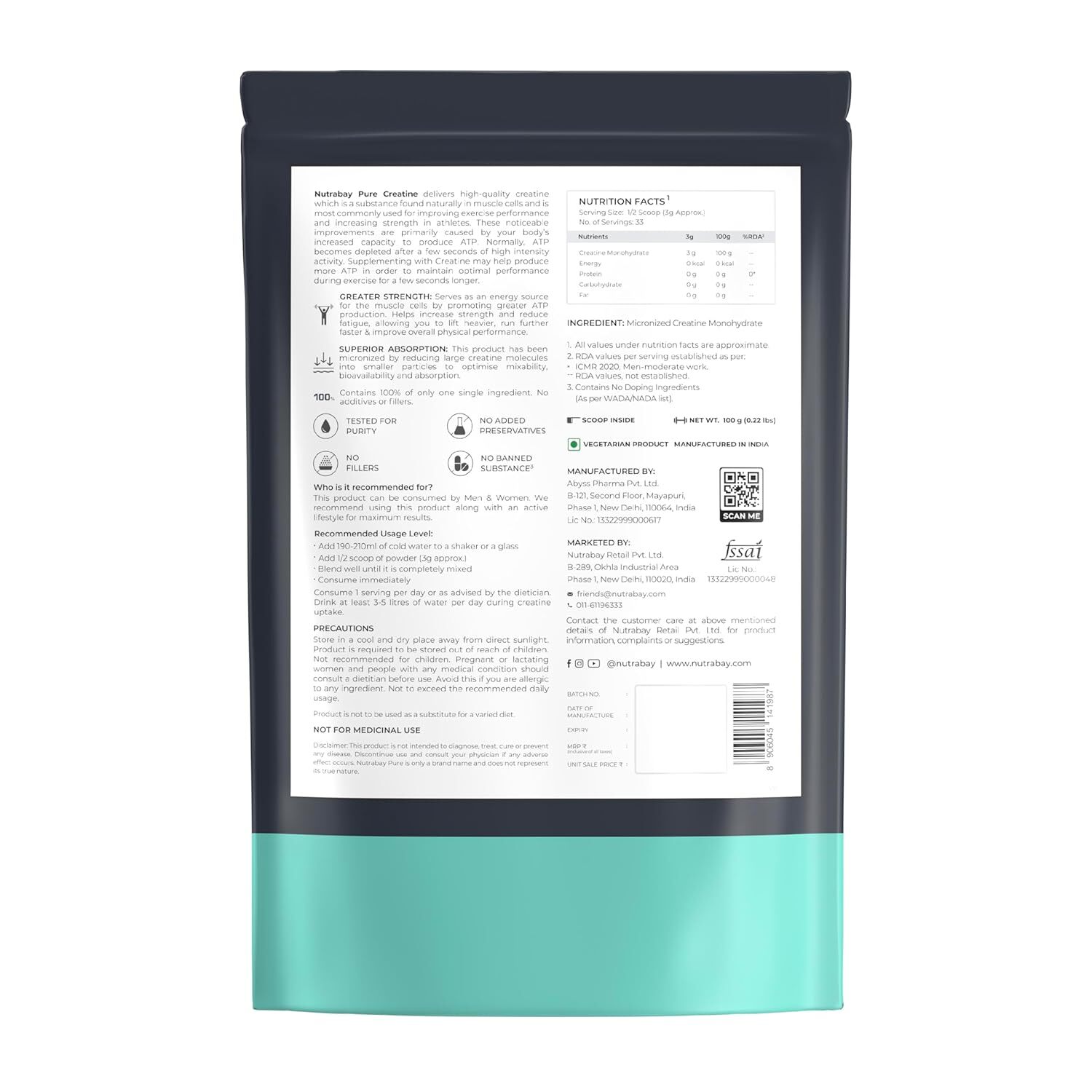 Nutrabay Pure Micronised Creatine Monohydrate Powder for Muscle Repair 100g