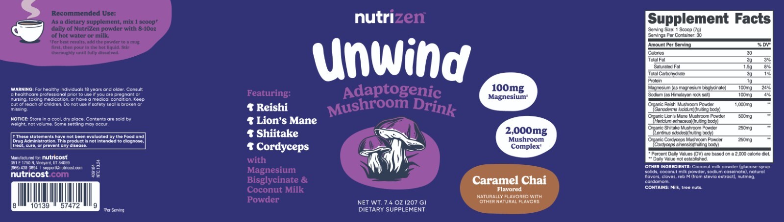 Nutricost Nutrizen PM Unwind Adaptogenic Mushroom Drink (Caramel Chai Flavored)