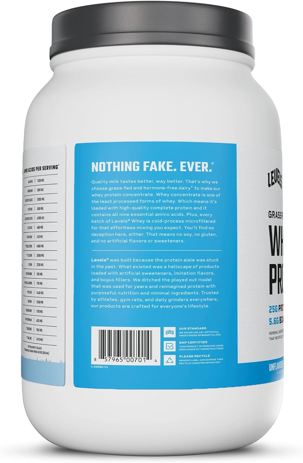 Levels Grass Fed Whey Protein Powder, No Artificials, 25G of Protein, Unflavore