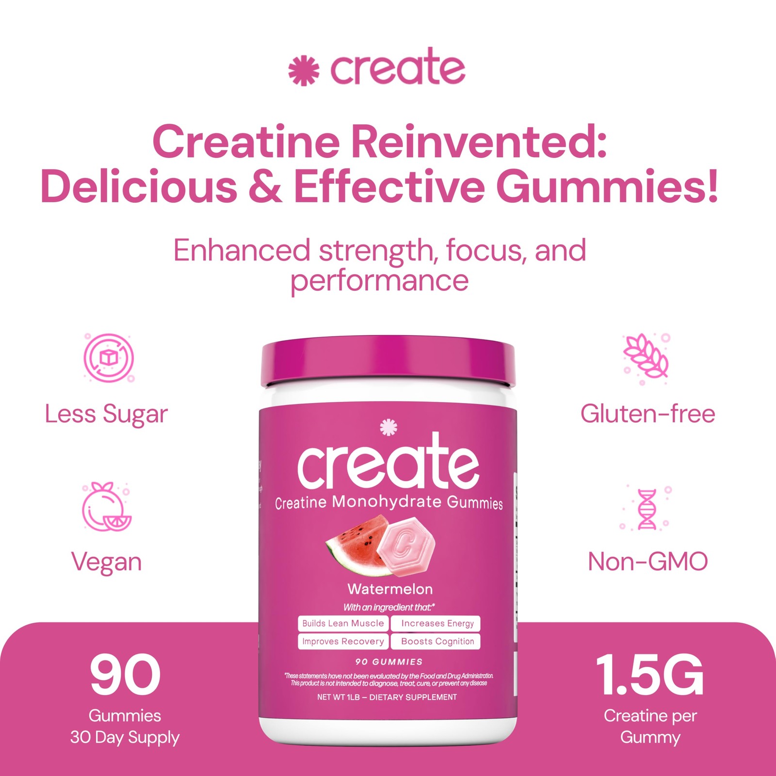 Create Creatine Gummies 90ct 1.5g Vegan Gluten-Free Focus Strength Endurance