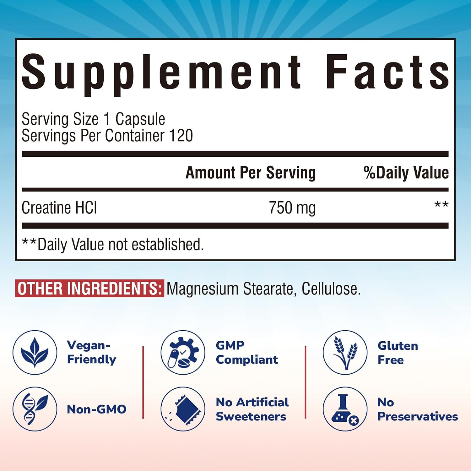 Vitalibre Creatine HCl Capsule, 750mg High Absorption Creatine Hydrochloride, En
