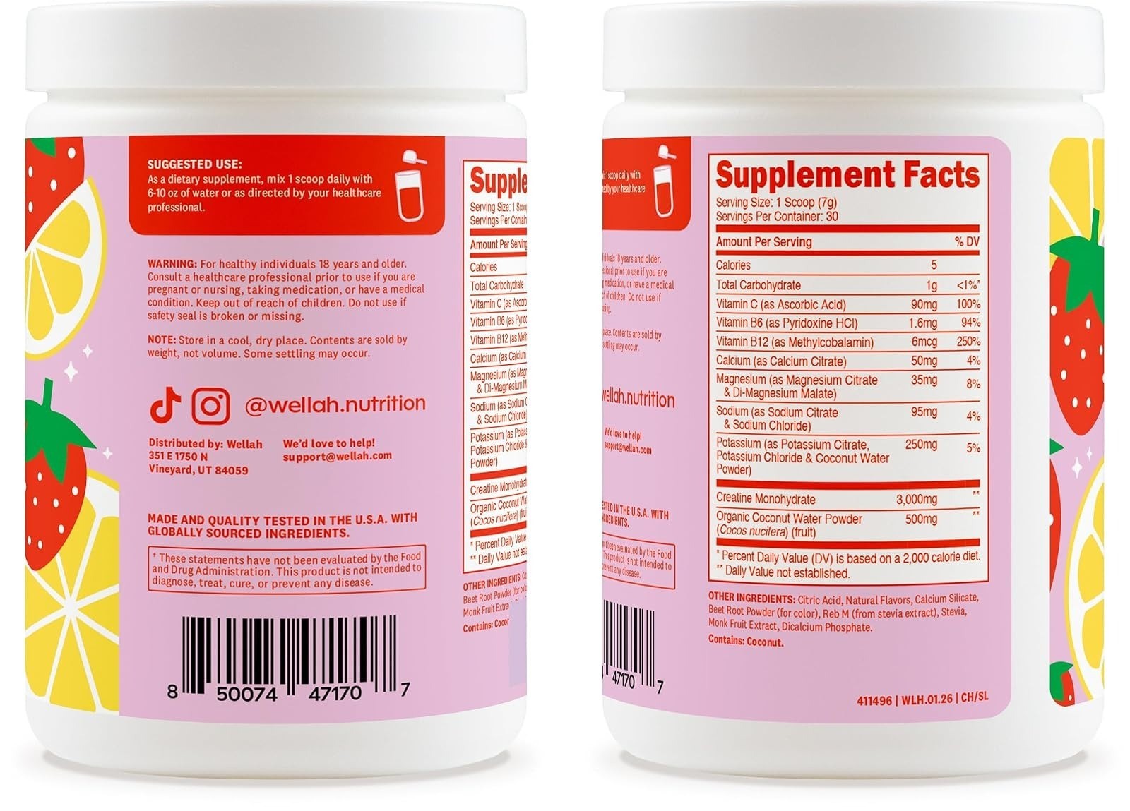 Wellah Creatine + Electrolytes Powder Strawberry Lemonade 30 Servings