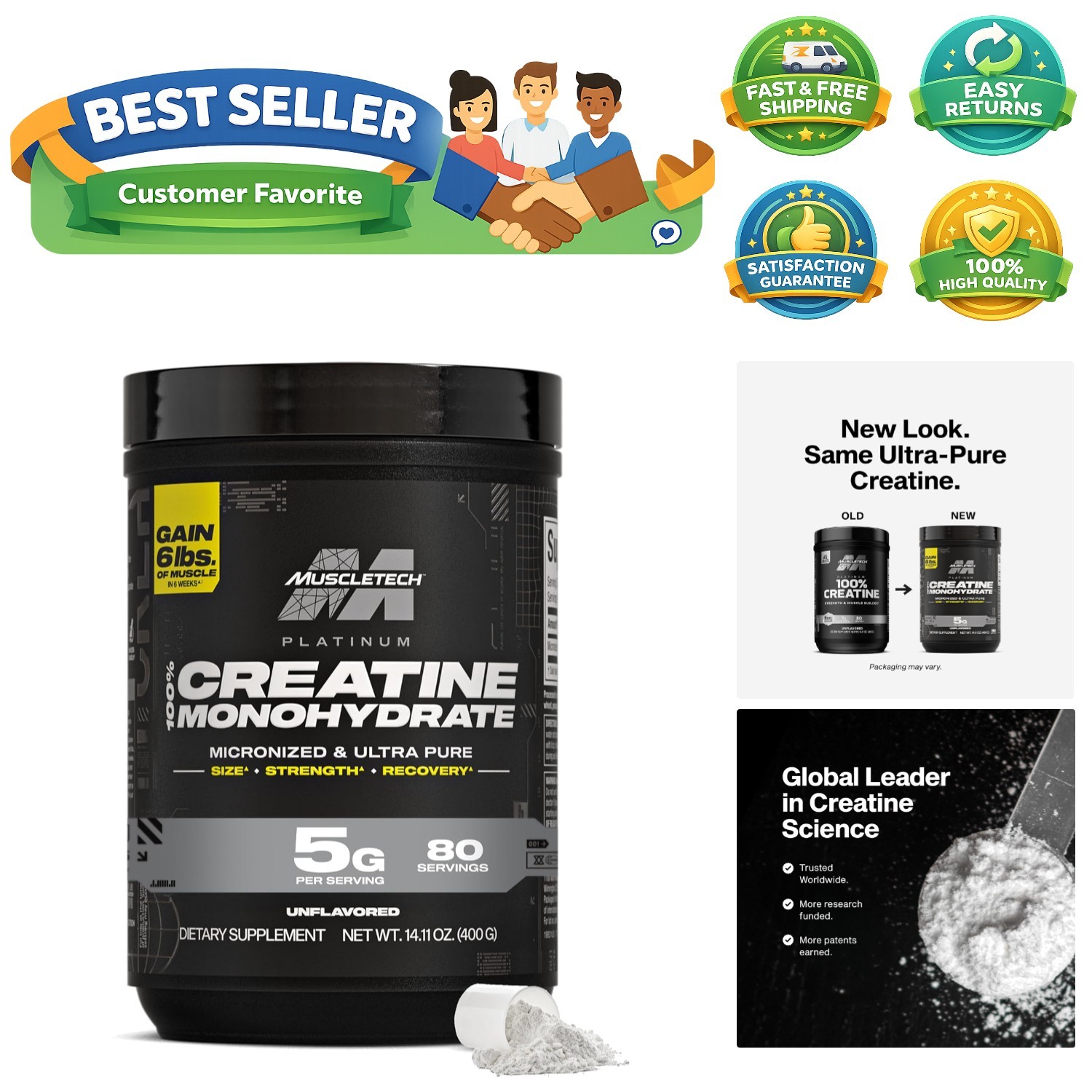 Platinum Pure Creatine Monohydrate – Unflavored Micronized Powder – 80 Servings