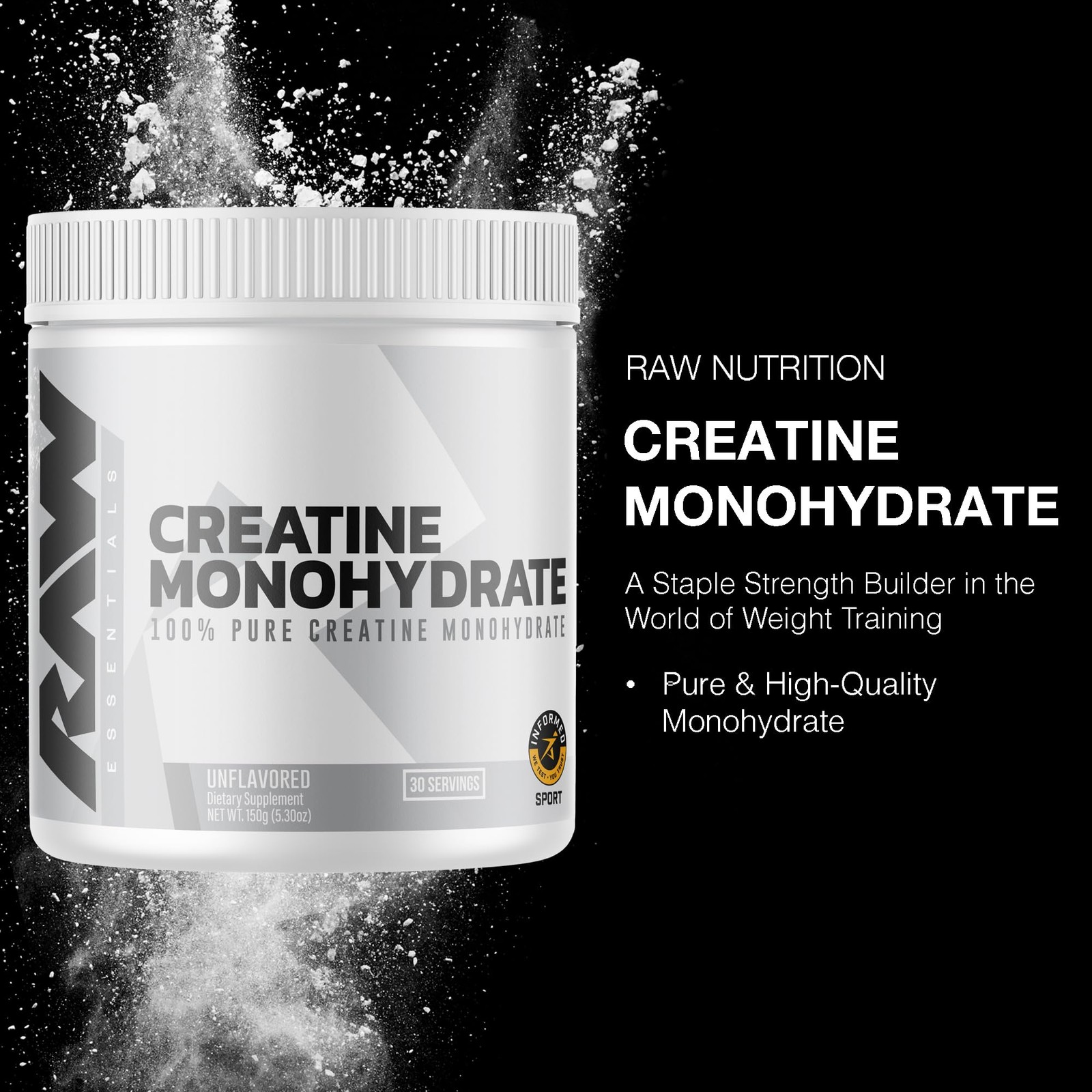 RAW Nutrition Creatine Monohydrate Powder, Unflavored 5.3 Ounce (Pack of 1)
