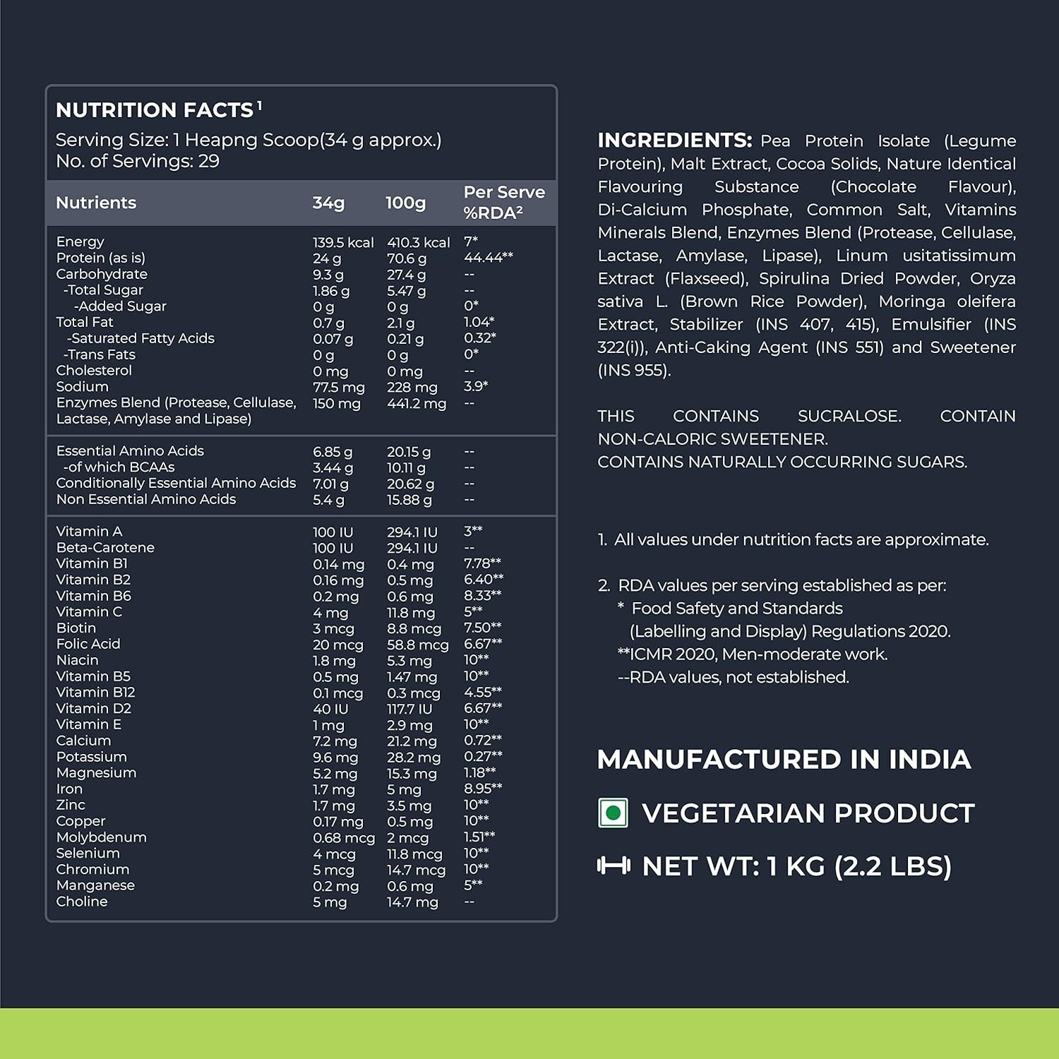 Plant Protein Powder + Superfoods 24g Protein -1kg Rich Chocolate, 29 Servings