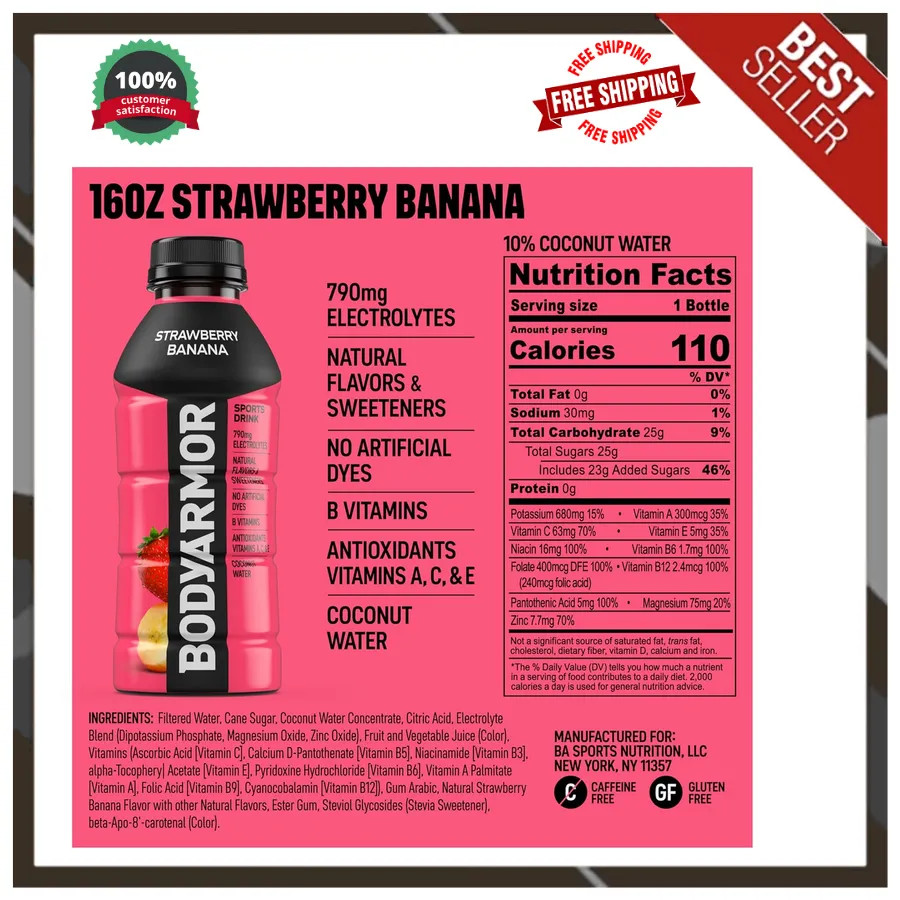 BODYARMOR Sports Drink Strawberry Banana Electrolyte Hydration 16oz 12 Pack
