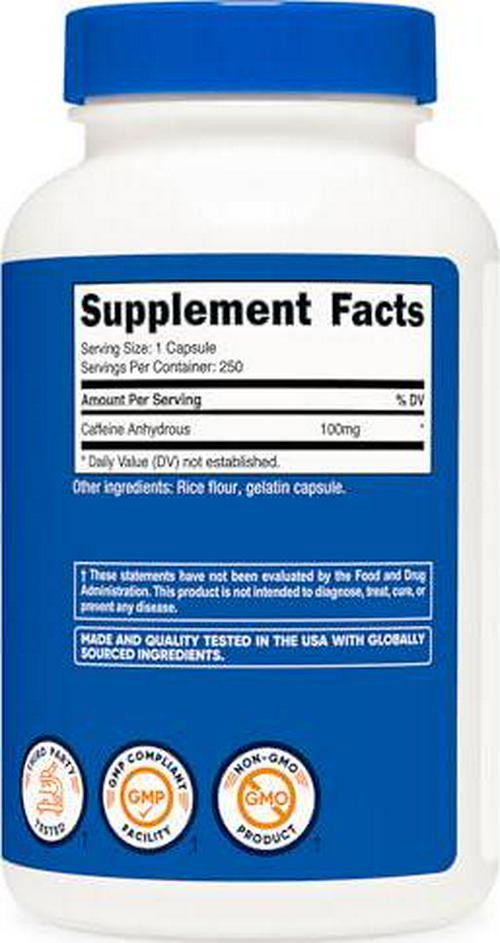 Nutricost Caffeine Pills 100mg Per Serving, 250 Capsules