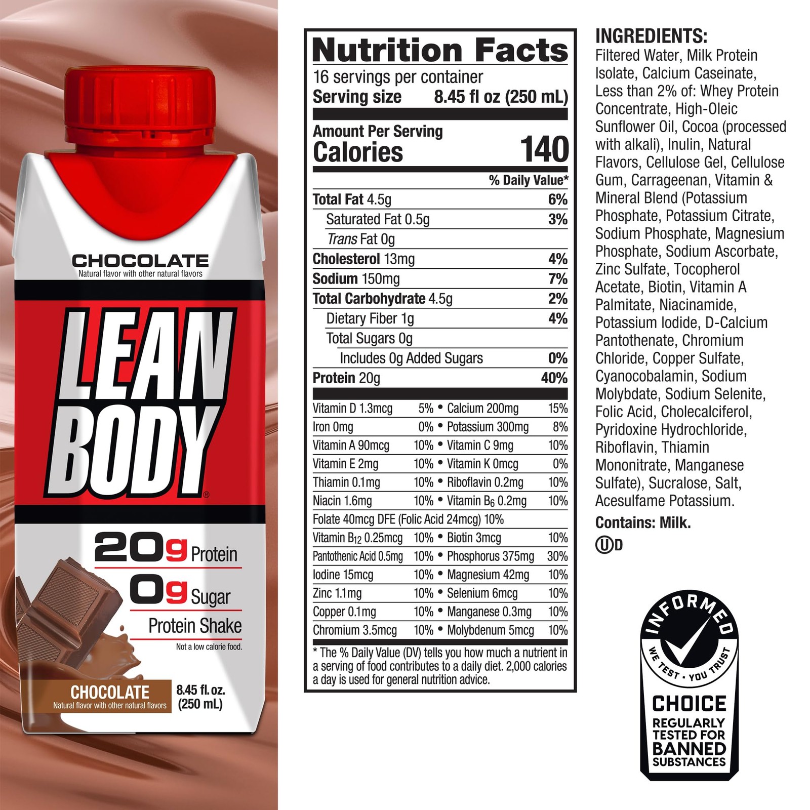 Labrada Lean Body Ready-To-Drink Chocolate Shake 20G Protein Whey Blend 0 Sugar