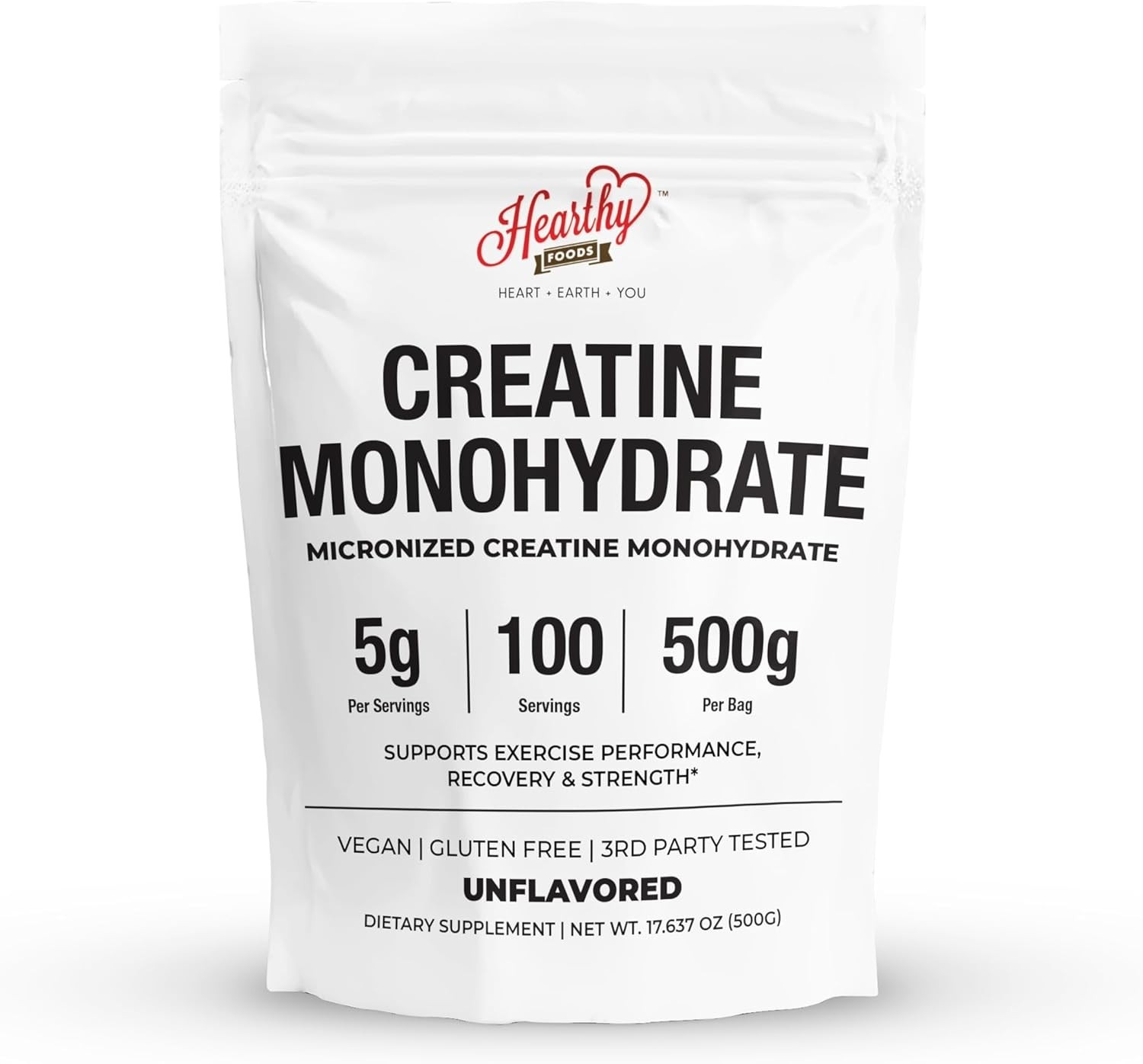 HEARTHY FOODS Creatine Monohydrate Micronized Powder 500G – 100 Servings, 5000mg