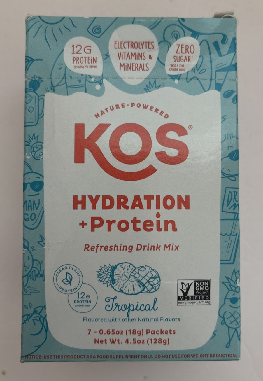 Kos Hydration Protein Nature Powered Drink Mix Tropical Electrolytes 7 Packets