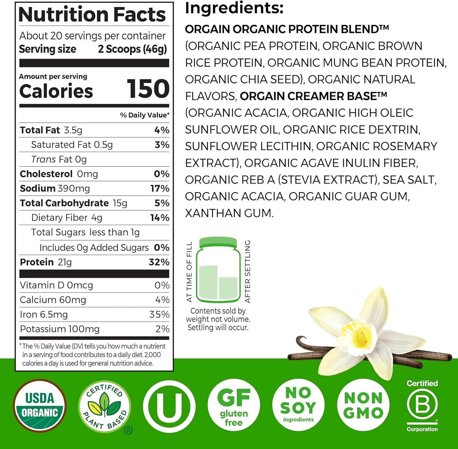 Orgain Organic Vegan Protein Powder, Vanilla Bean – 21g Plant Protein, 6g