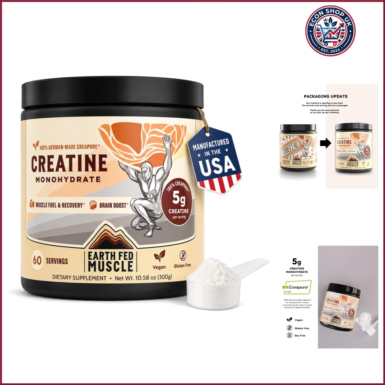 Creatine Monohydrate Powder, 300g, Unflavored | 60 Servings, German Creapure …