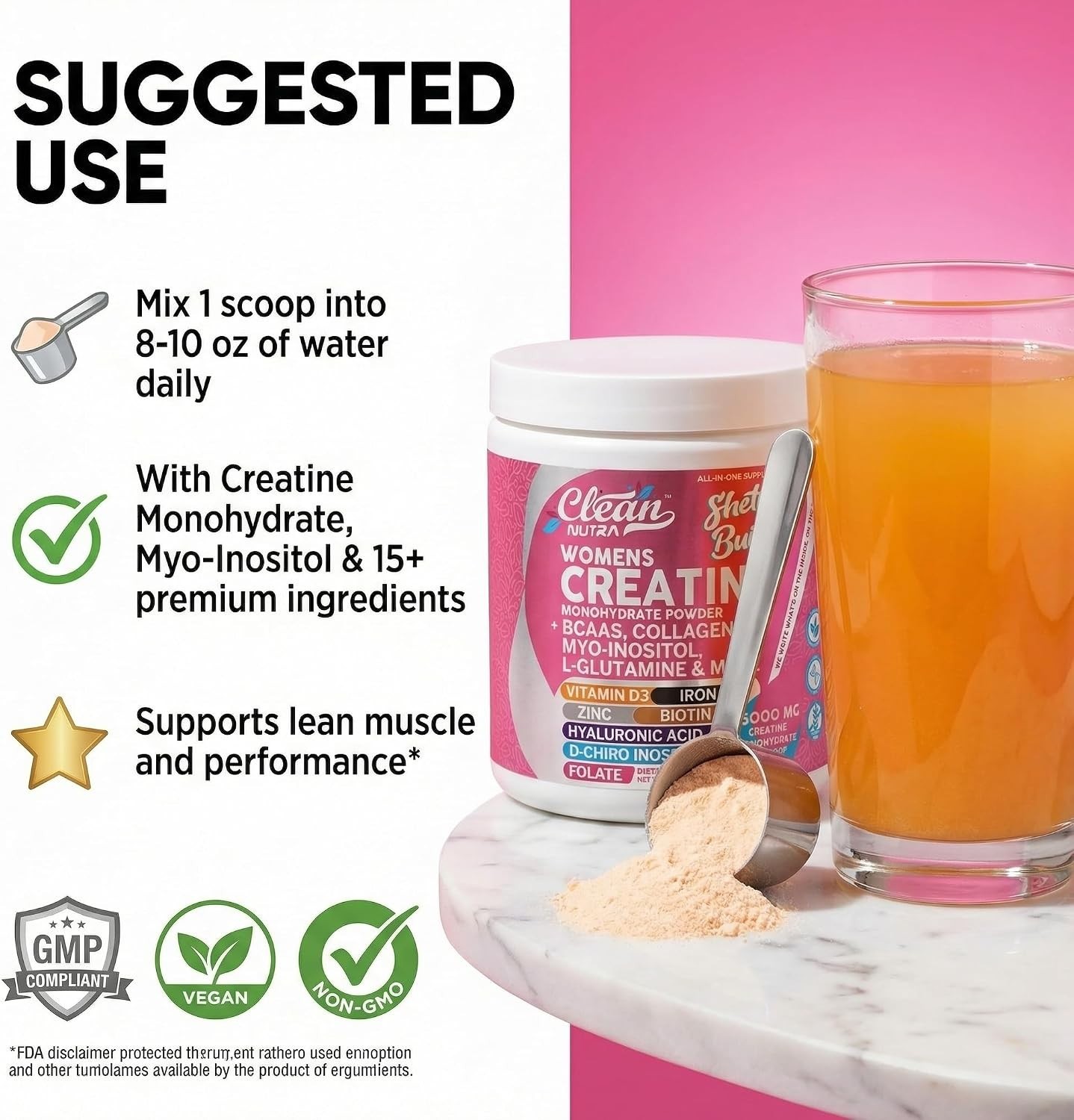 Creatine Monohydrate Powder for Women BCAA Collagen Biotin Hyaluronic Acid D3