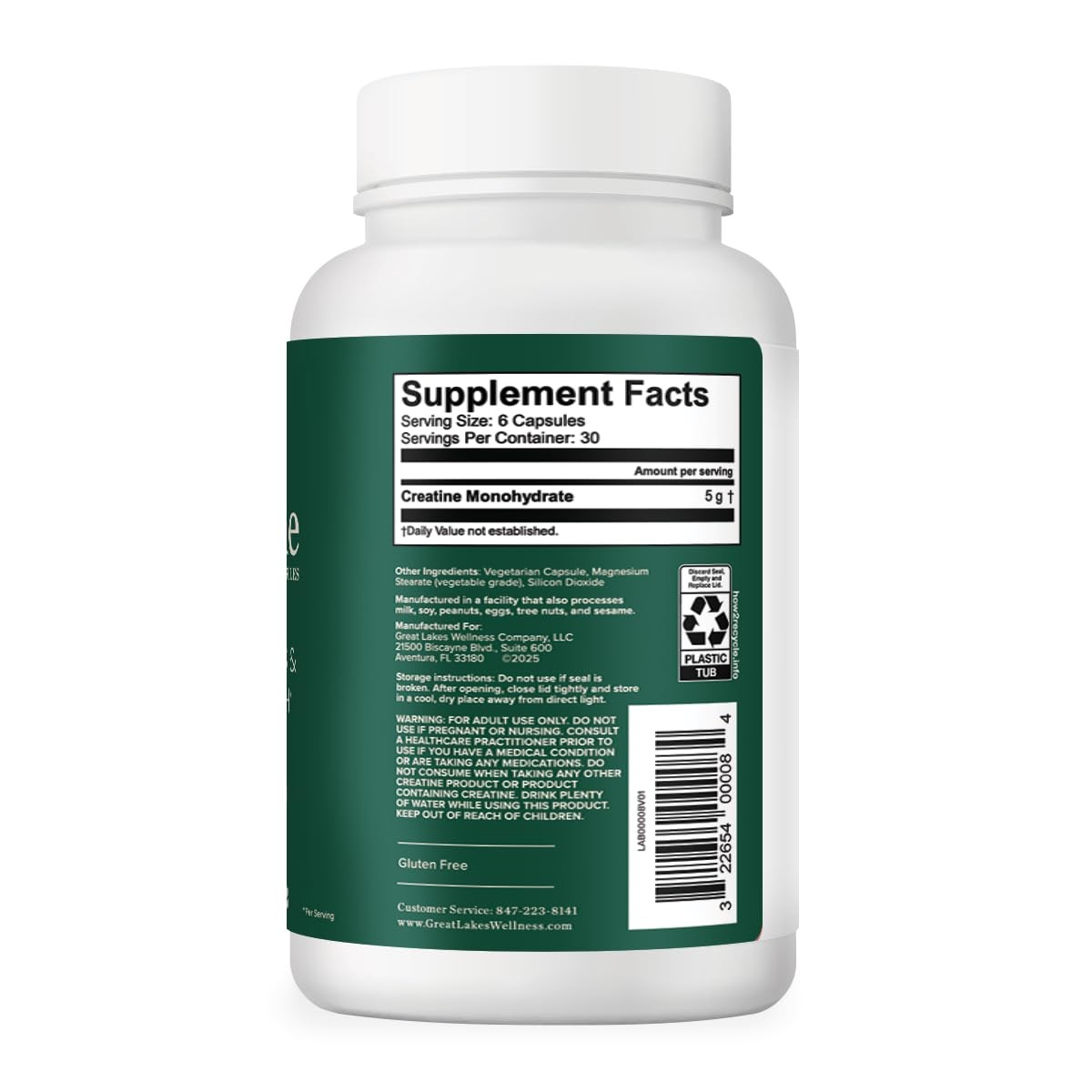 Great Lakes Wellness Creatine Monohydrate 180 Capsules 5g