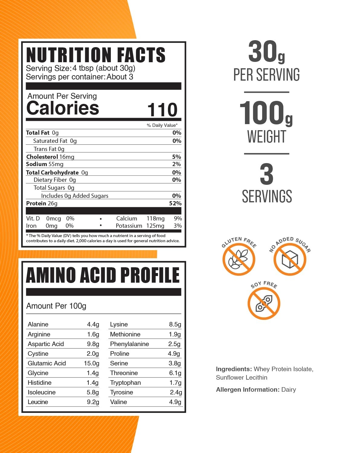 Whey Protein Isolate Powder Unflavored 30G Per Serving 3.52 Ounce High Quality