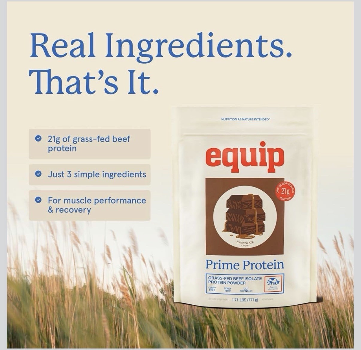 Equip Prime Beef Protein Chocolate 30Sv Grass Fed Keto No Sugar