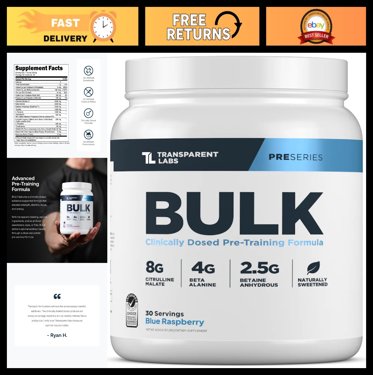 Advanced Pre-Workout Powder – Naturally Sweetened, Muscle Building Formula, 30 S