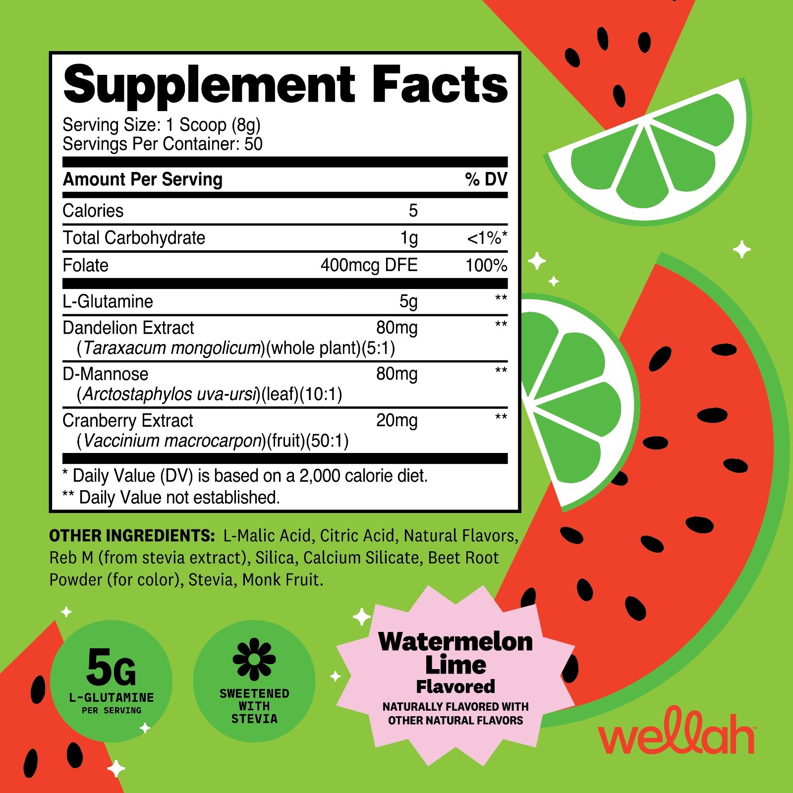 Wellah L-Glutamine Watermelon Lime Powder (50 Servings) – 5g L-Glutamine