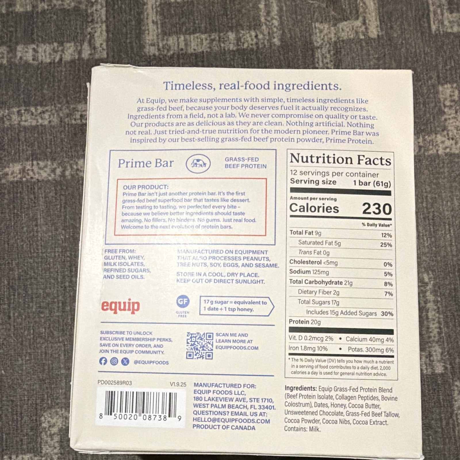 equip Prime Grass Fed Beef Protein Bars Gluten Free Chocolate 12 Ct 25.8 oz