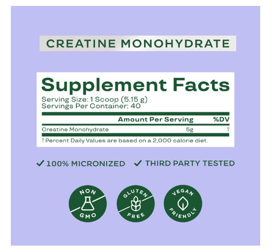 Bloom Nutrition Micronized Creatine Monohydrate Powder Unflavored 40 Svg 7.3oz