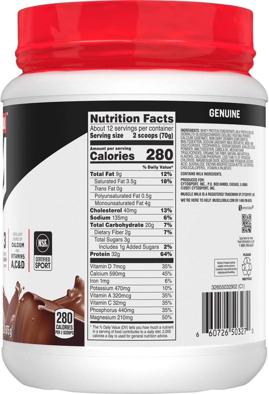 Muscle Milk Genuine Protein Powder Chocolate 1.93 lb 13 Servings 32g Protein