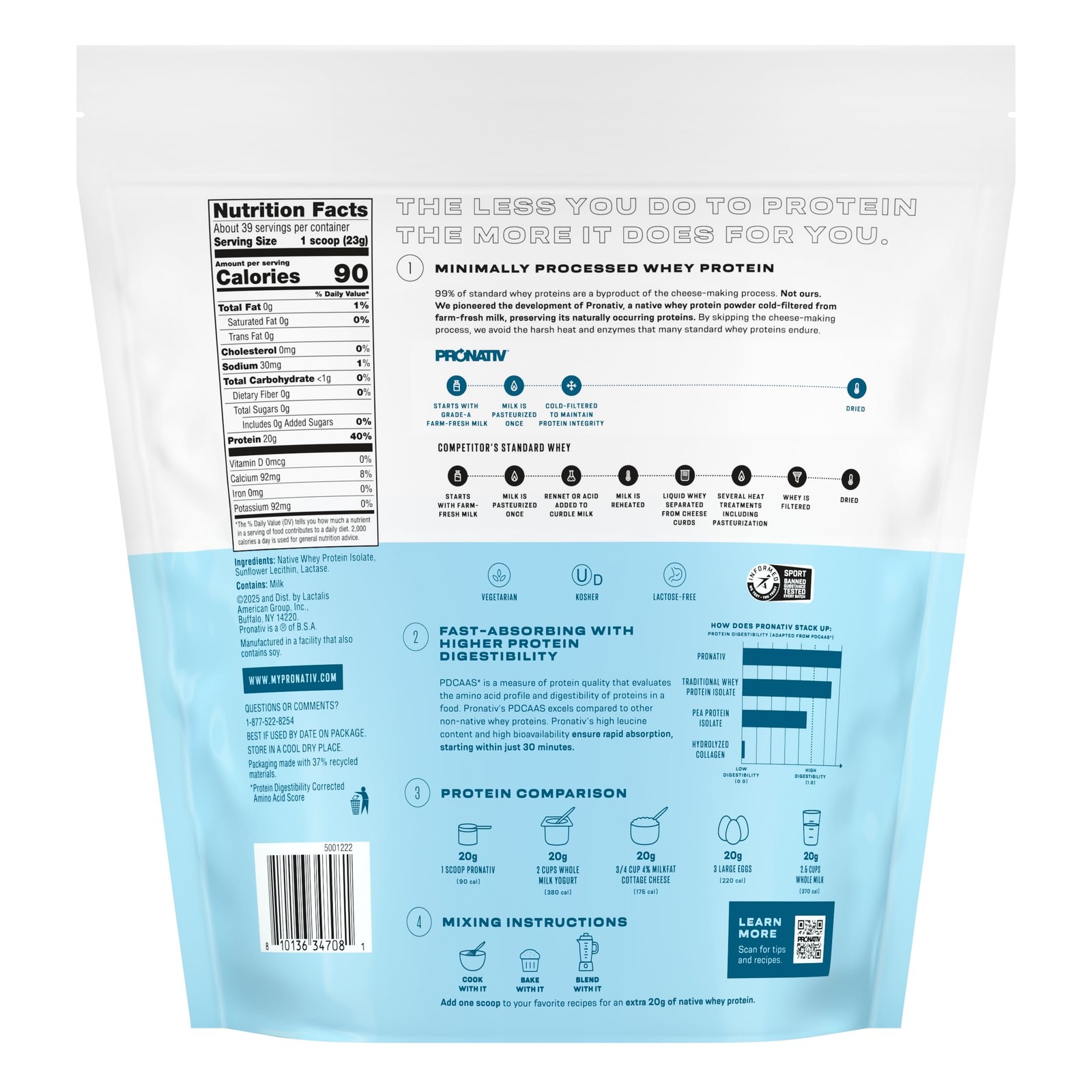 Pronativ 100 Whey Native Protein Powder, Unflavored, 2 lb, Made from Farm Fre…
