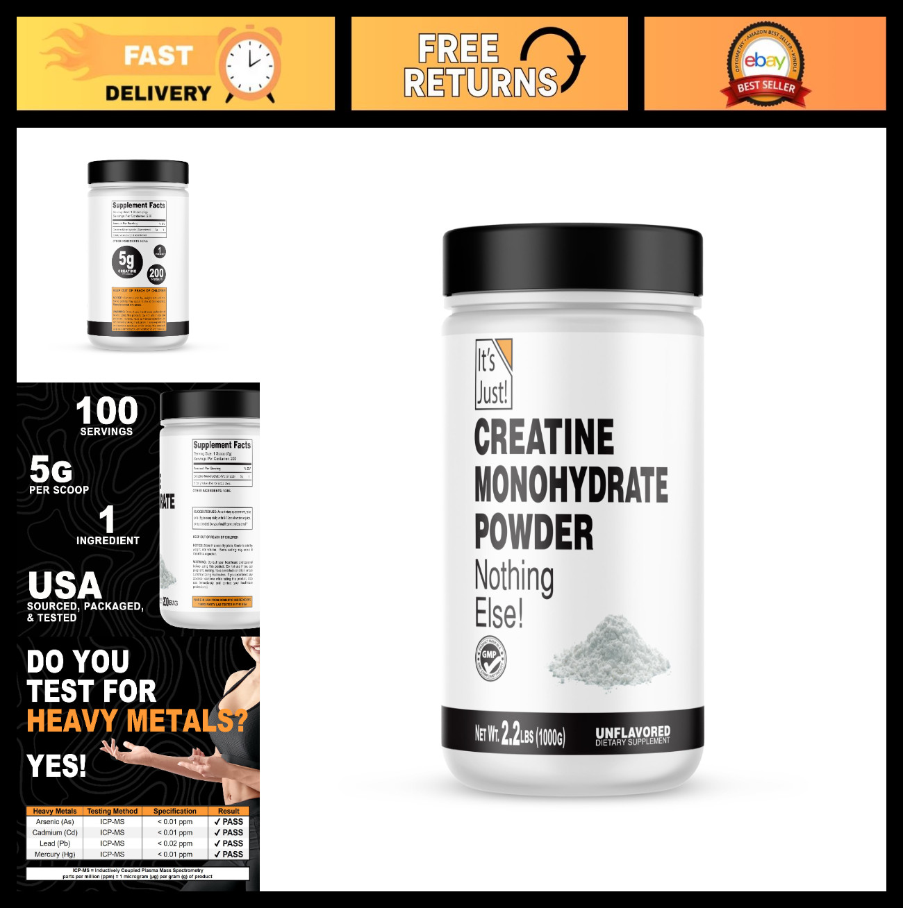 Pure Creatine Monohydrate Powder – 1000g, 5g Serving, Lab Tested, Unflavored