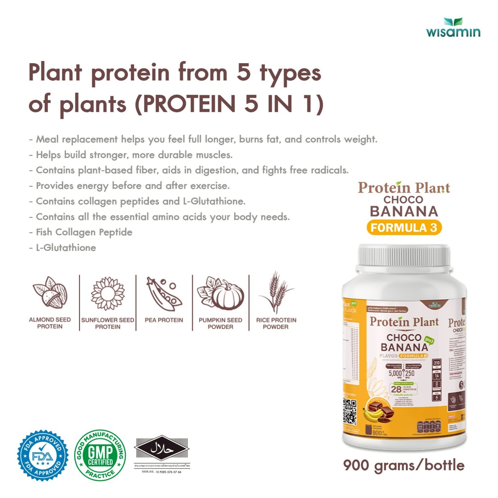 WISAMIN Plant Protein Choco Banana F3 | 900g 2LB | Organic, Gluten-Free, Non-GMO