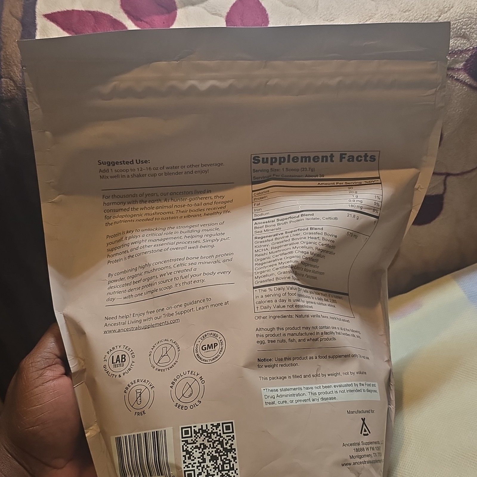 Ancestral Supplements Grass Fed Protein Powder Vanilla Bone Broth+Organ 1.56lb