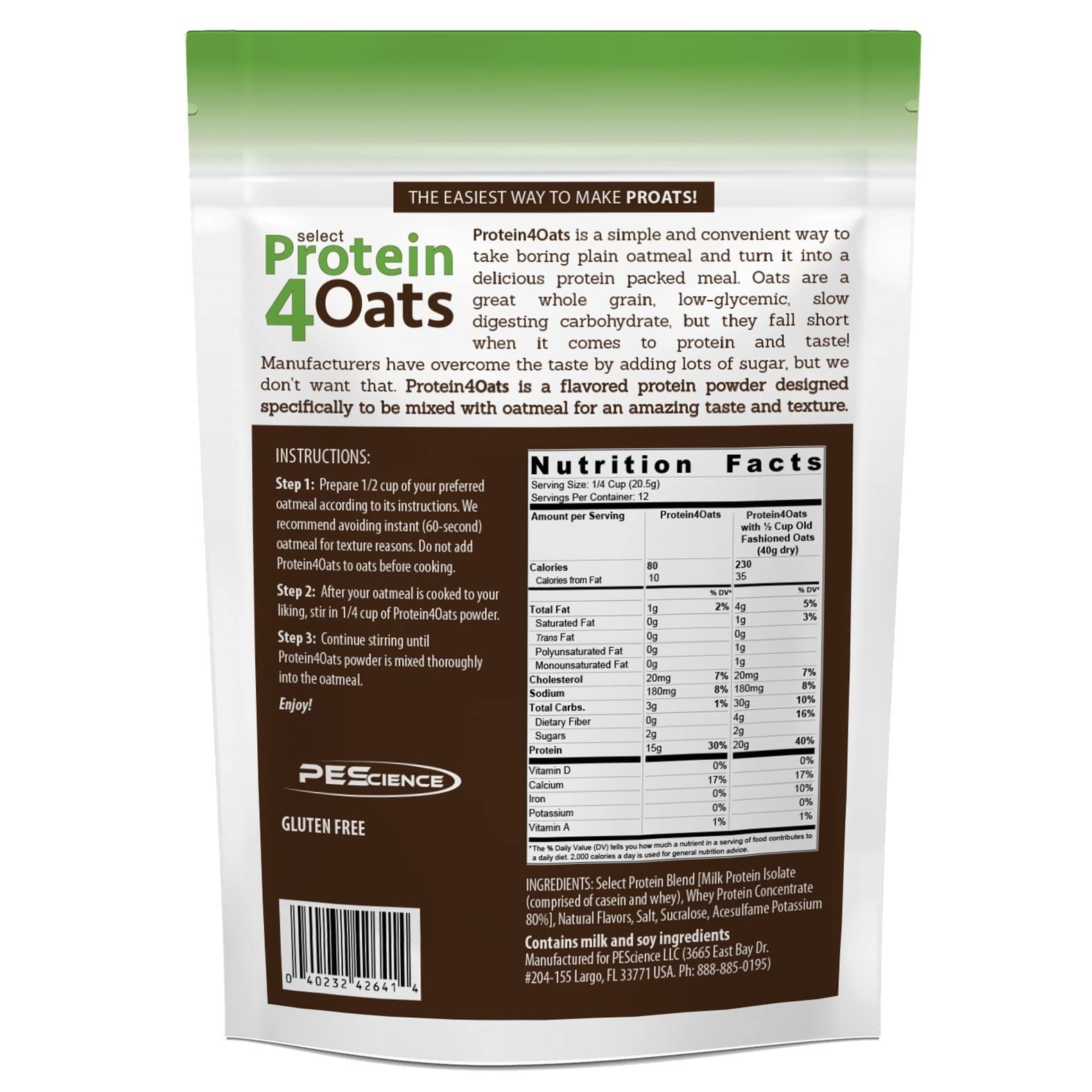 PEScience Protein4Oats, Protein Powder to Make 8.5 Ounce (Pack of 1), White