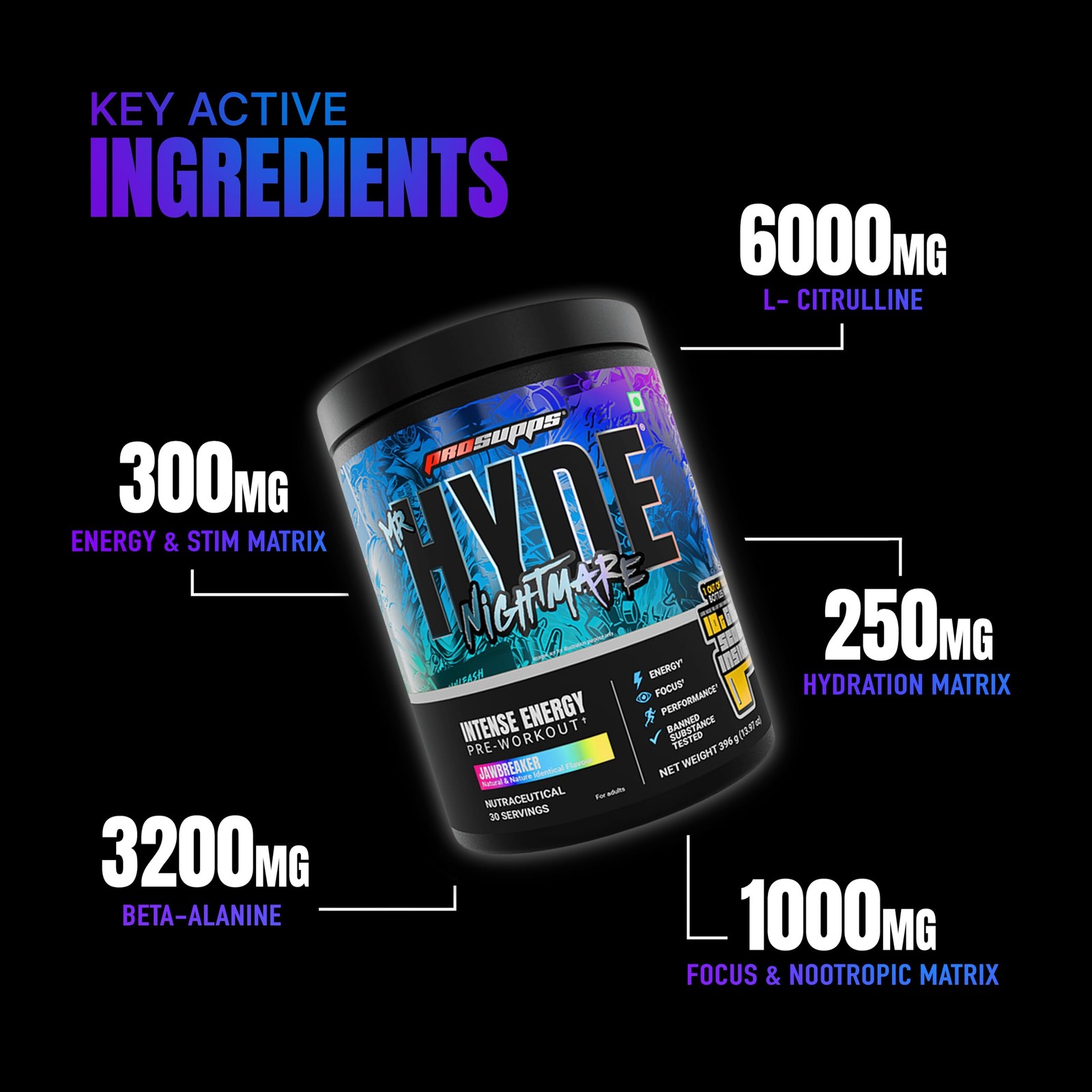 Mr Hyde Nightmare Pre Workout 396g – Energy & Focus Supplement, Jawbreaker