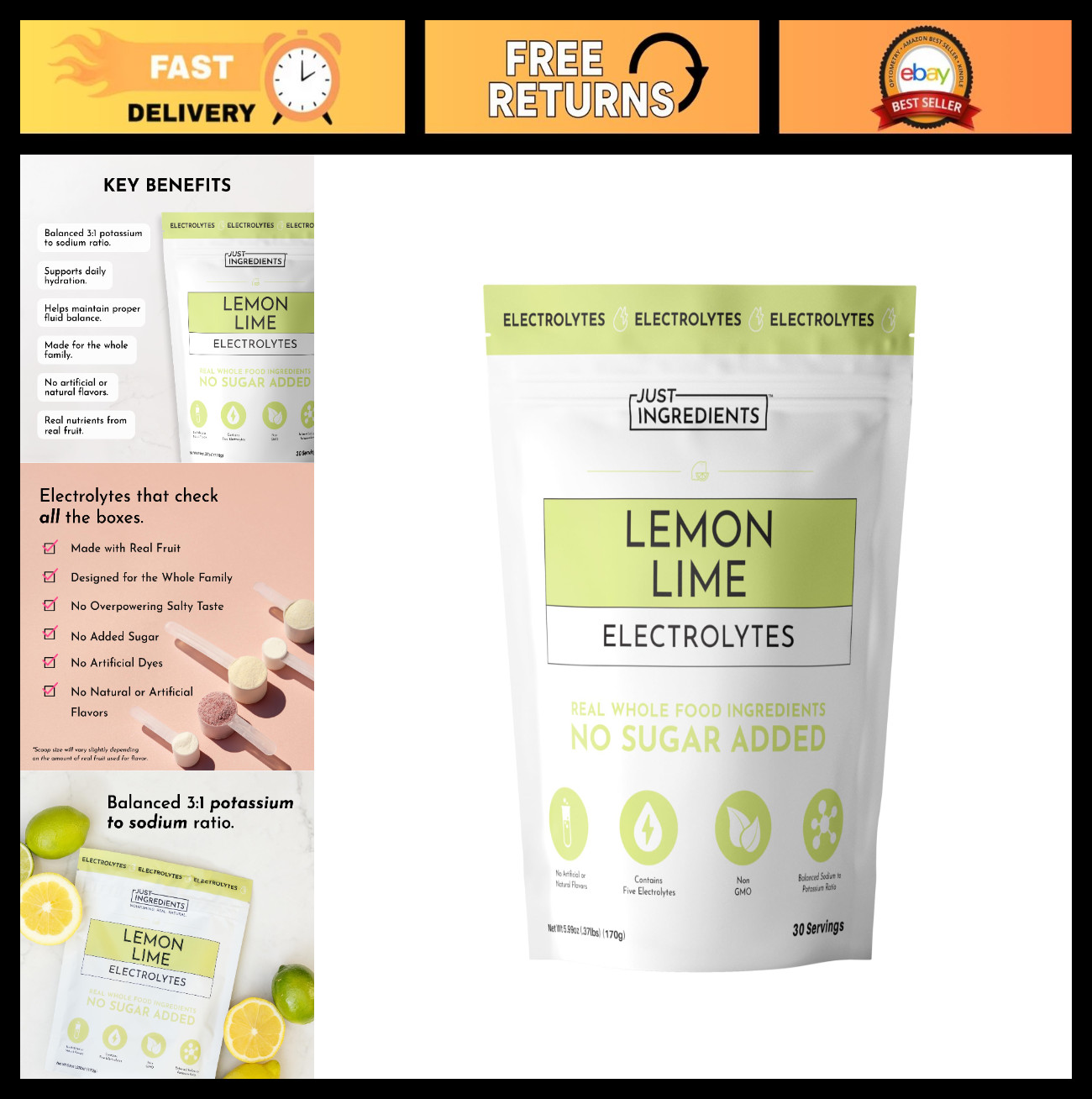 Lemon Lime Electrolyte Drink Mix – 30 Servings, Hydration Boost with Coconut Wat
