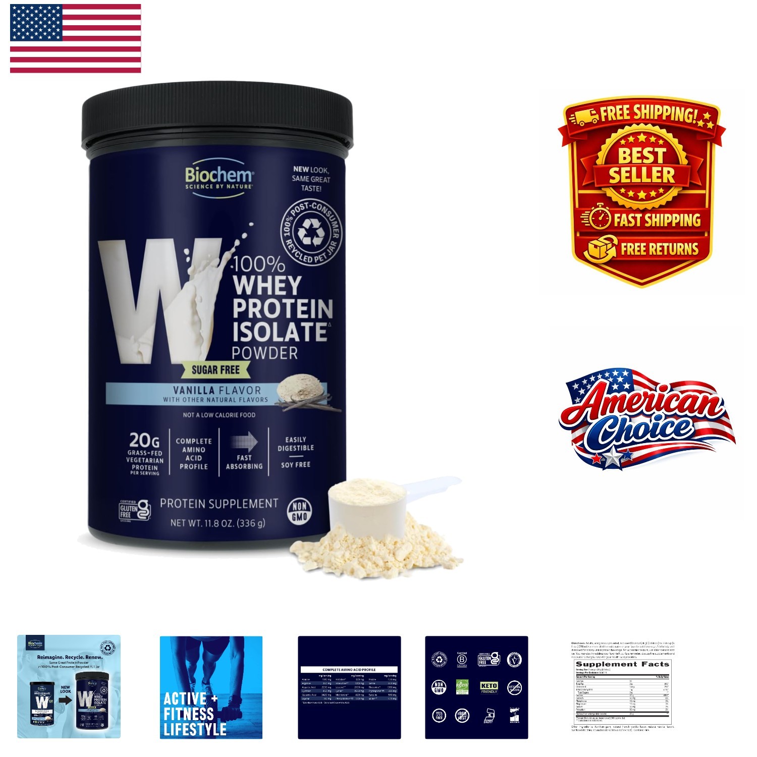 20g Sugar-Free Vanilla Whey Protein – Gluten Free, Vegetarian 11.8oz