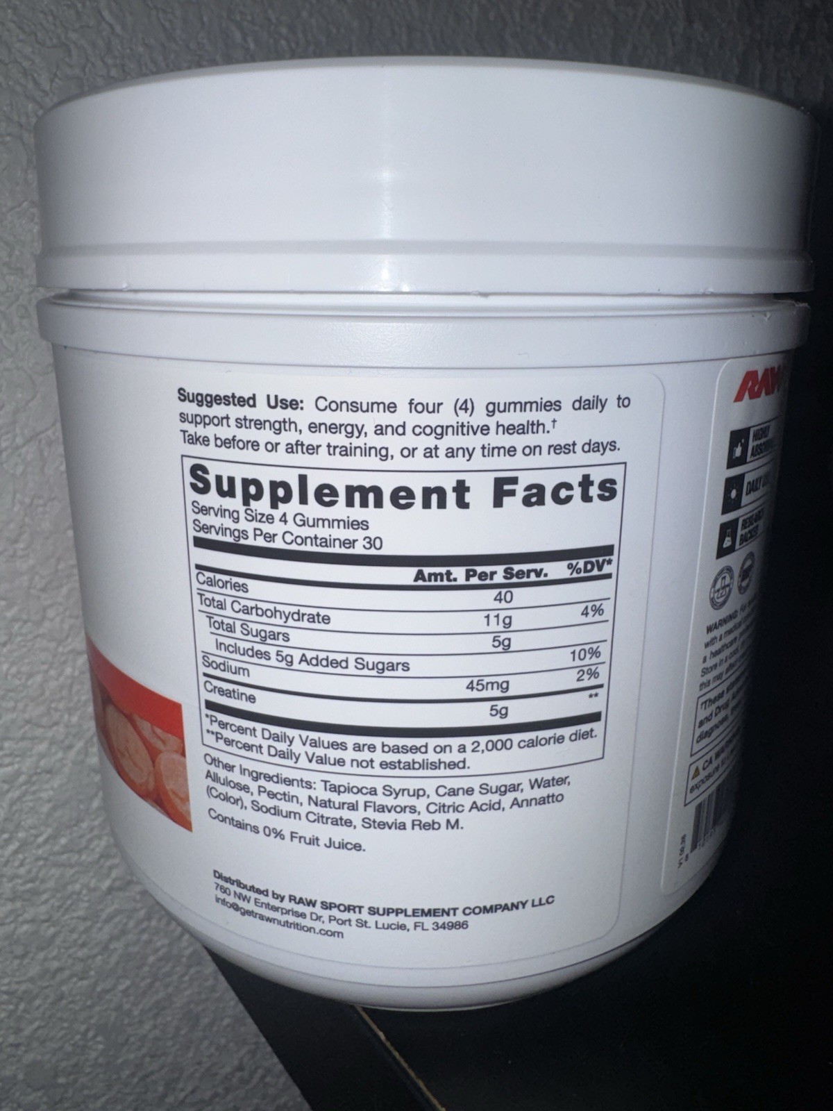 RAW Core Premium Creatine Gummies Tangerine 120ct 5g 30 Servings Pre/Post
