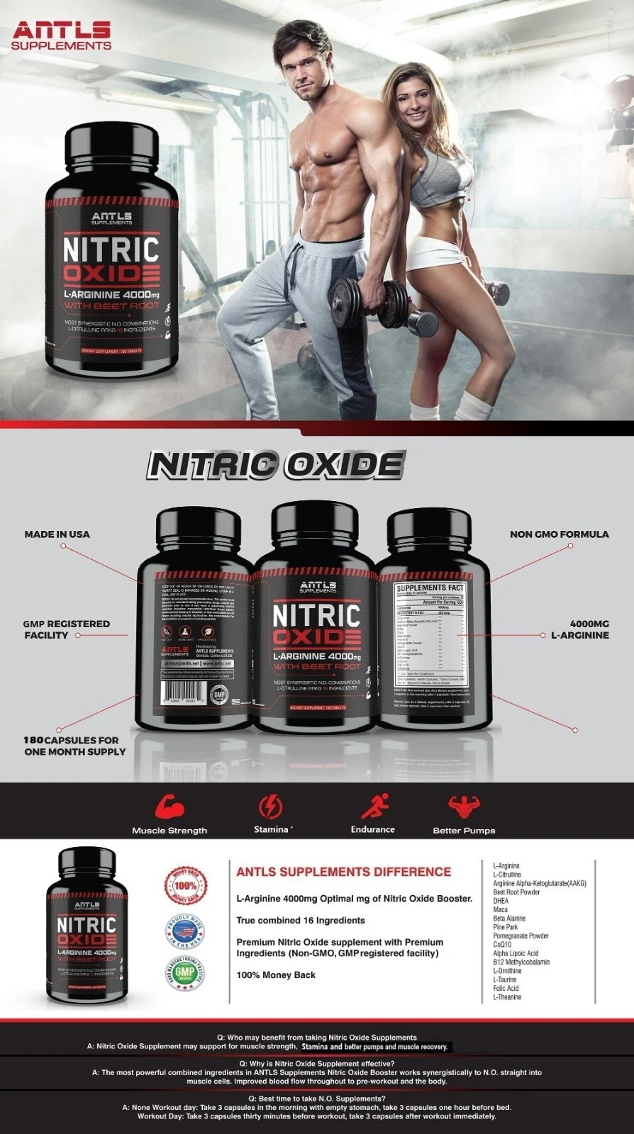 Nitric Oxide L-Arginine Pre Workout+Testosterone Booster,Multivitamin Men’s,Test