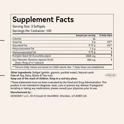 Pumpkin Seed Oil Saw Palmetto 3000mg 5X300gel Cold Press Virgin Oil Phytosterols