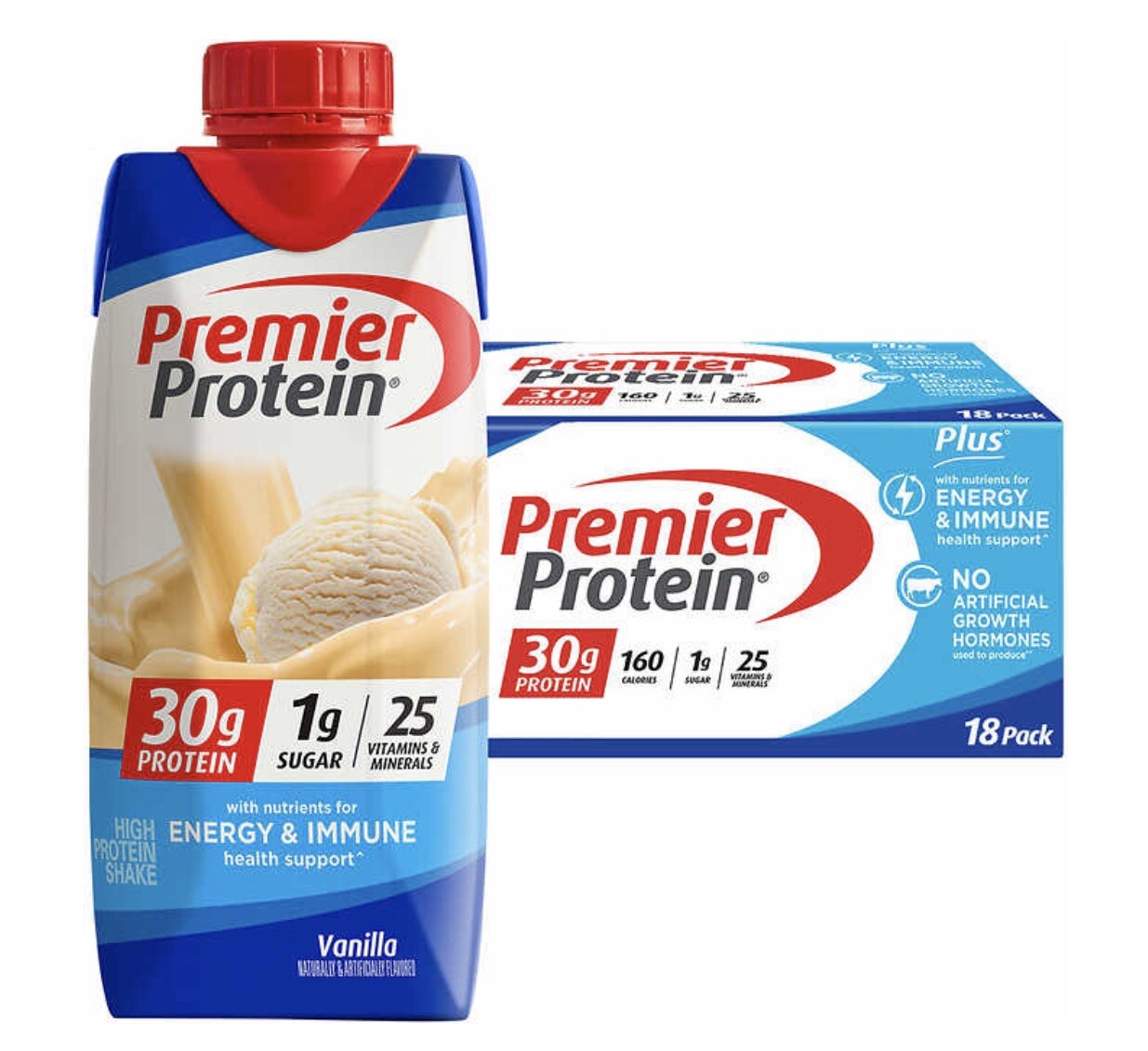 Premier Protein PLUS Energy and Immune Support, 11 fl oz, 18-pack – Vanilla 🍨
