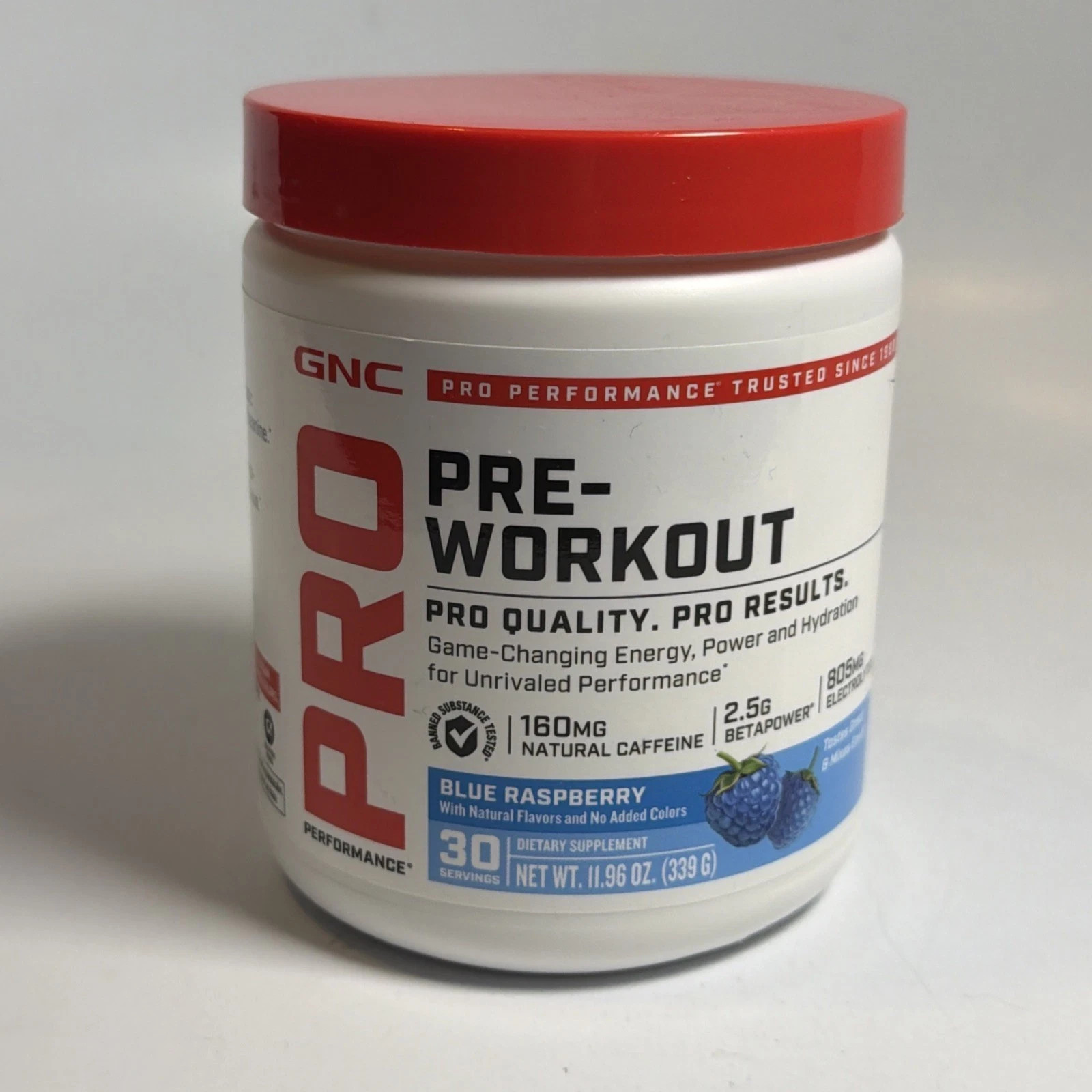 GNC Pro Pre-Workout Blue Raspberry 30 Servings Natural Caffeine 160mg -FREE SHIP