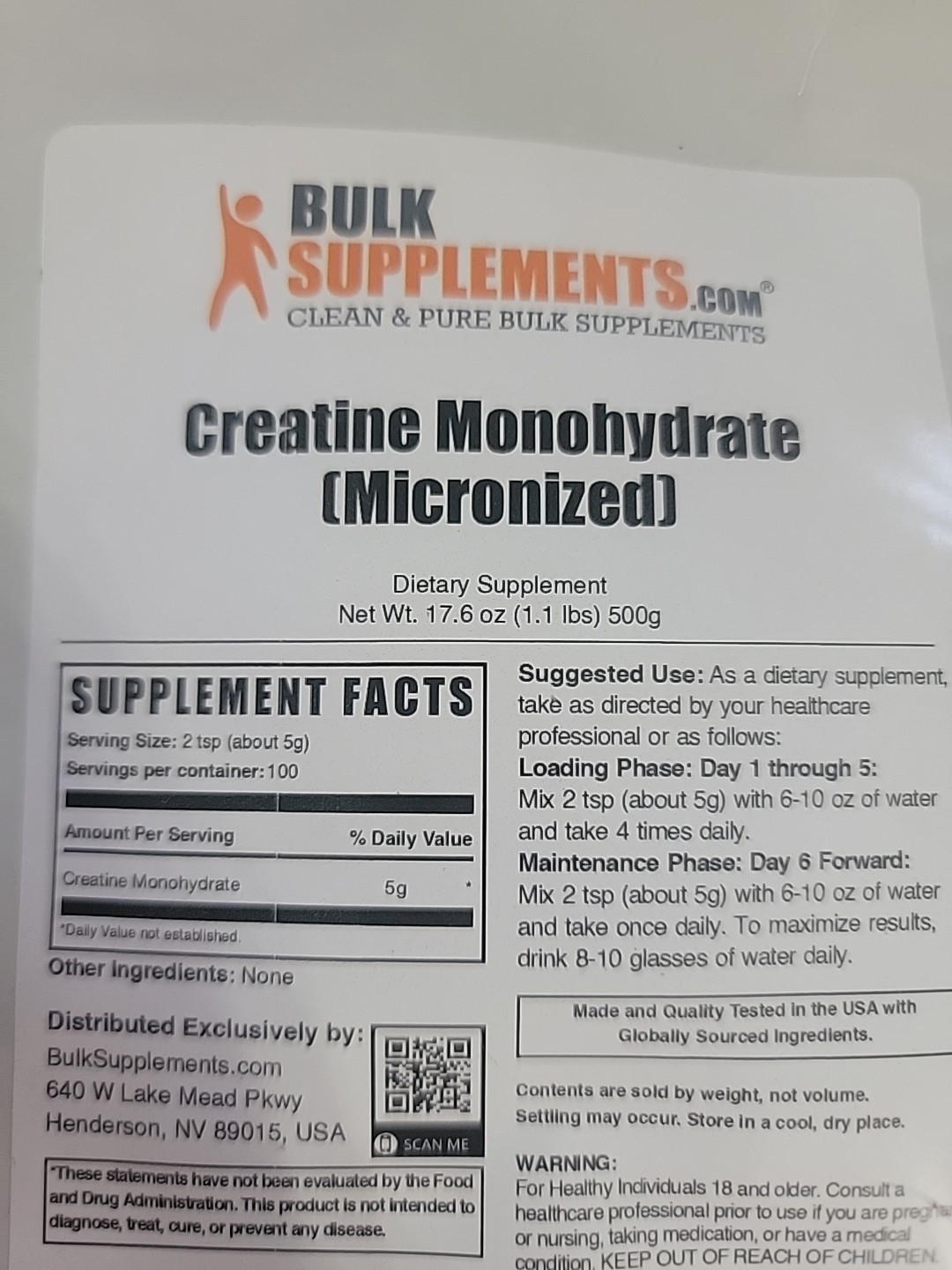 BulkSupplements Pure Micronized Creatine Monohydrate Powder 1.1 lbs 100 serving