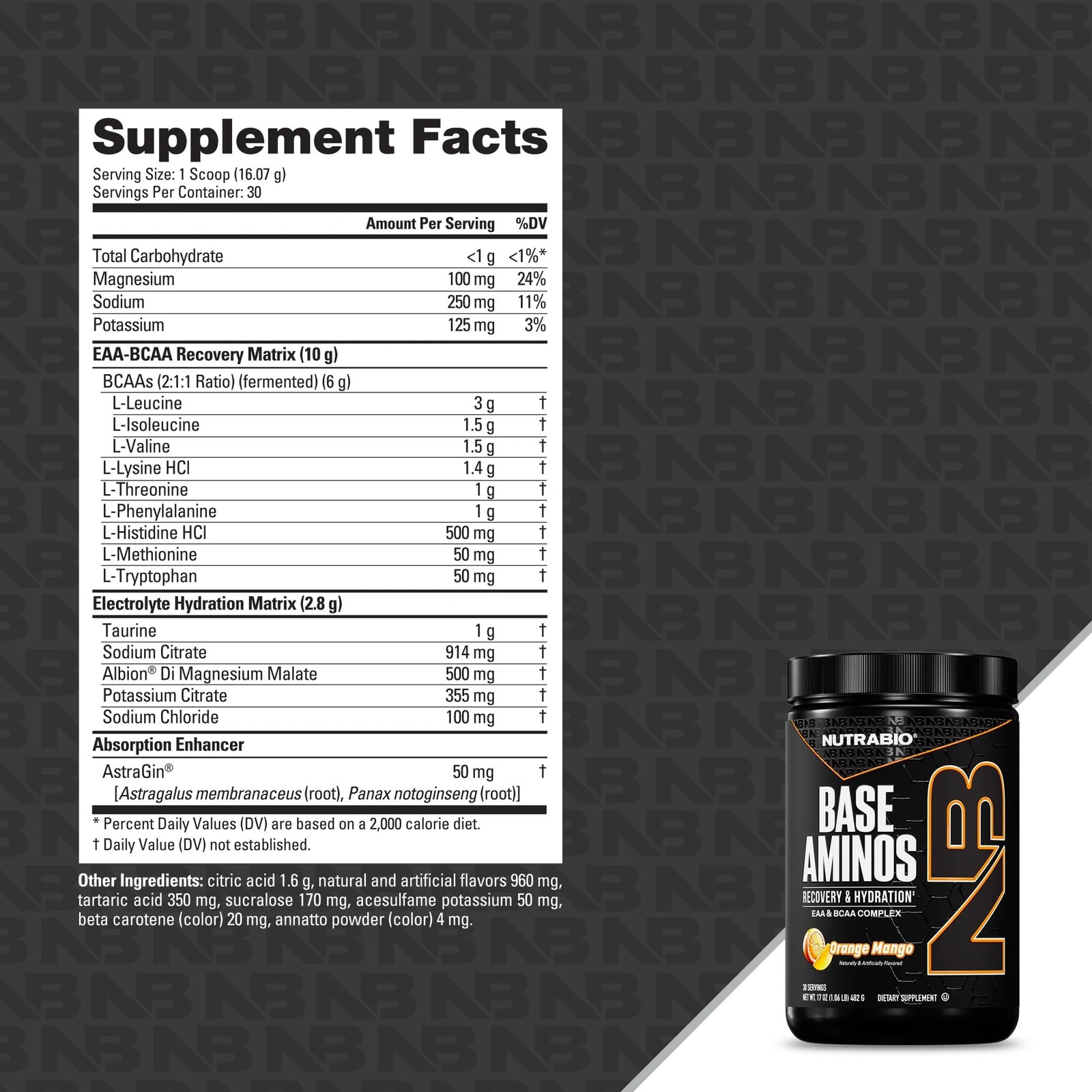 NutraBio Base Aminos EAA BCAA Powder 10g 30 Servings Orange Mango