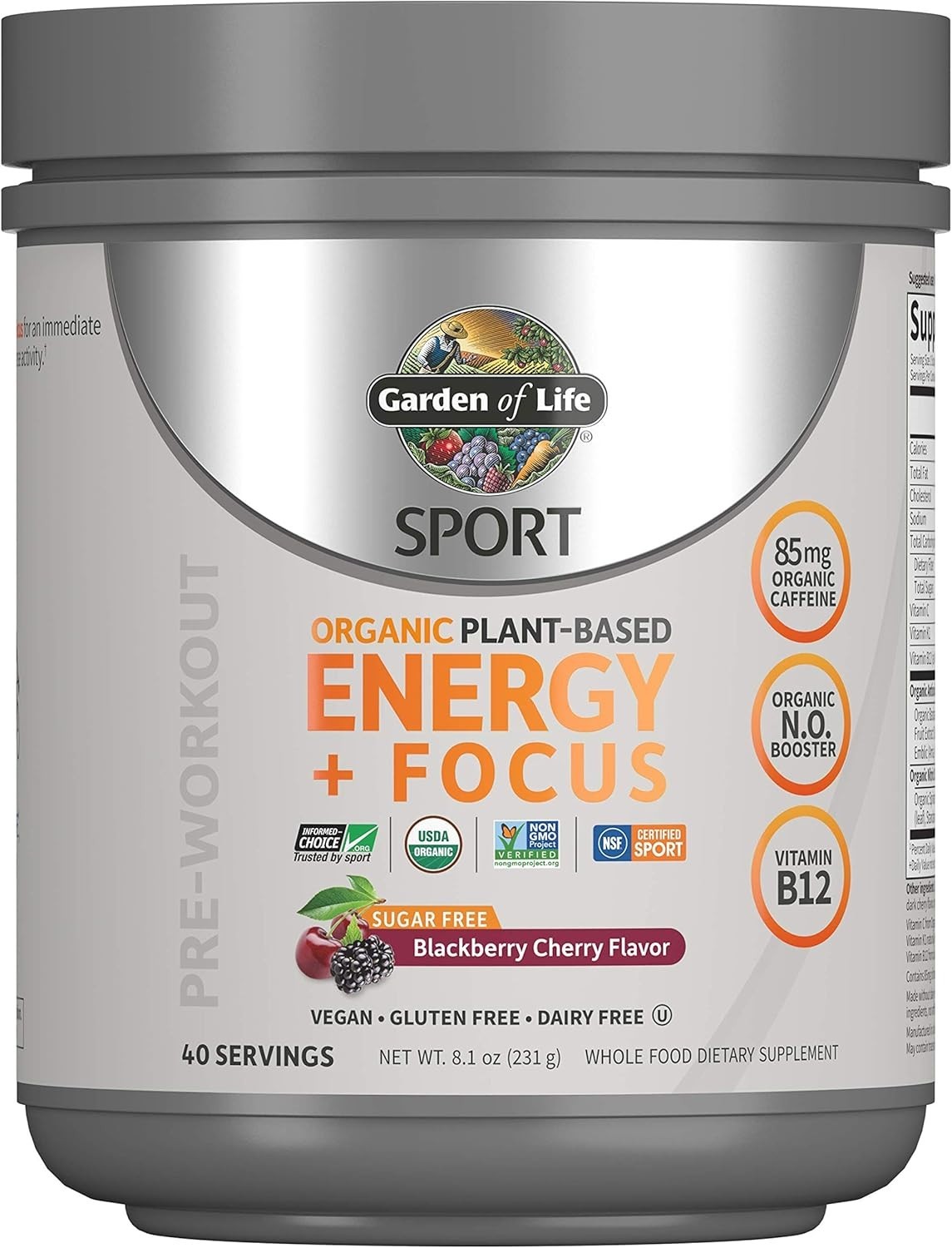 Plant-Based Pre Workout with Organic Caffeine & B12 – 40 Servings (Gluten Free)