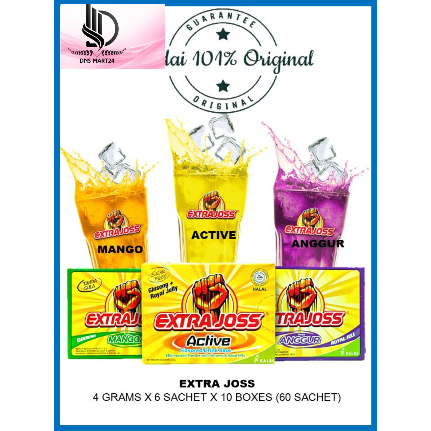 1 BOX (60 Sachet) Extra Joss Grape Flavour Sugar Free Energy Drink Powder