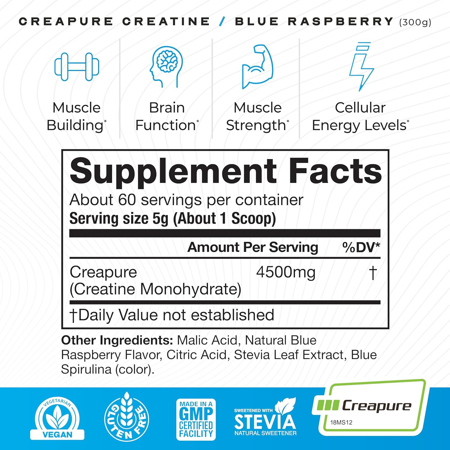 Creapure Creatine Monohydrate Powder, Vegan, Gluten-Free, Blue Raspberry, 300g