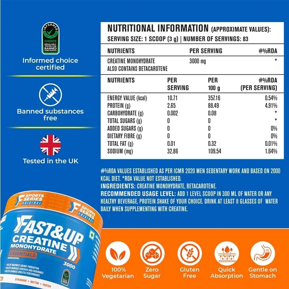 Fast&Up Creatine Monohydrate Supports Muscle Endurance & Provides Energy, 250 gm