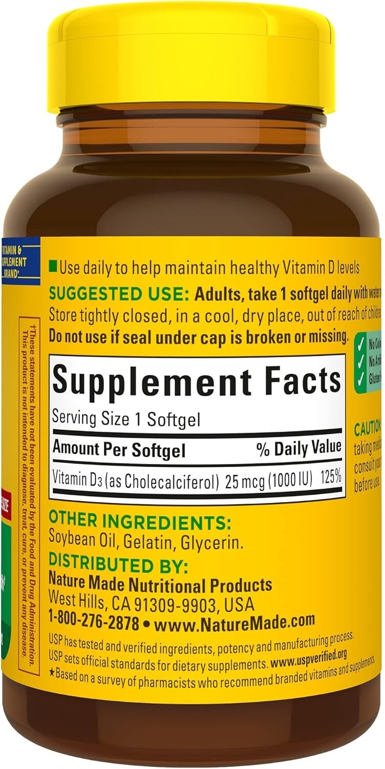 Nature Made Vitamin D3 1000 IU (25 mcg), Dietary Supplement for Bone, Teeth