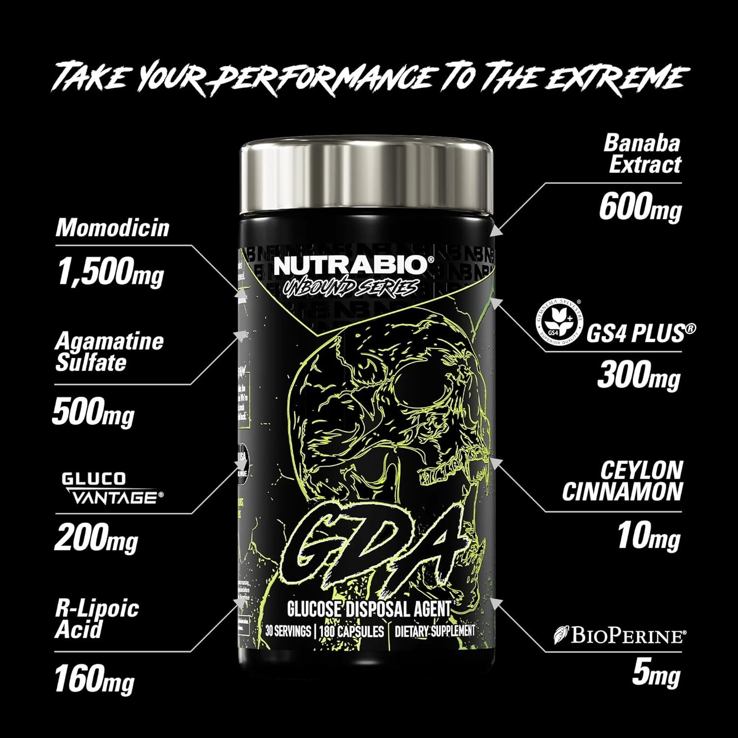 Nutrabio Unbound GDA Supplements Glucose Disposal Agent 180 Capsules 30 Servings