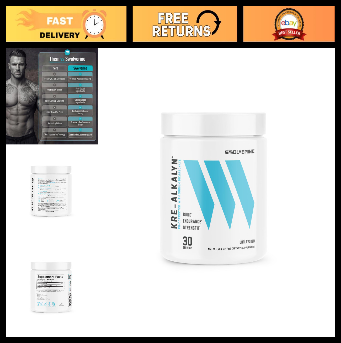 pH-Buffered Kre-Alkalyn Creatine Powder – No Loading, Boost Strength & Power, 30