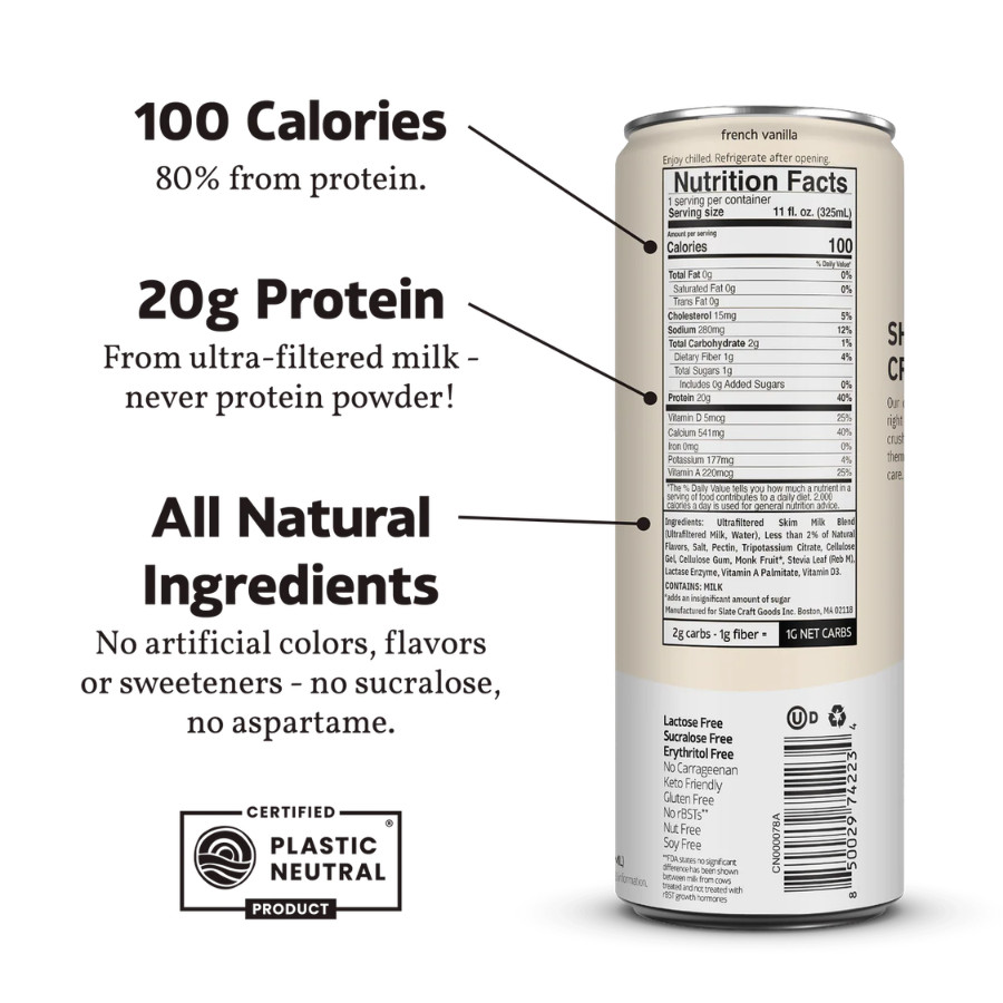 Slate 20G Protein Milk Shakes – Keto, French Vanilla Shake (11 fl oz), 12 Cans