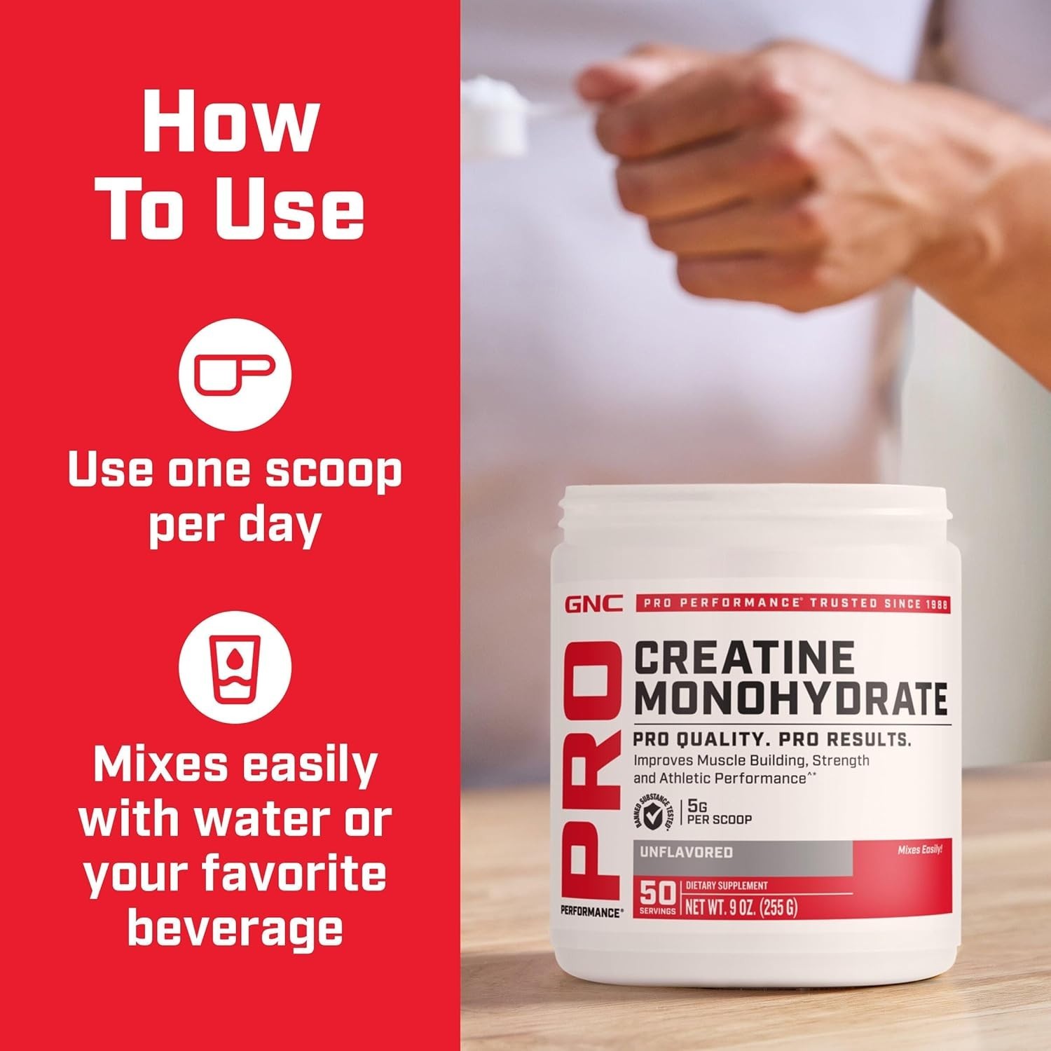 GNC Pro Performance Creatine Monohydrate Powder for Women & Men, 5g Creatine Per